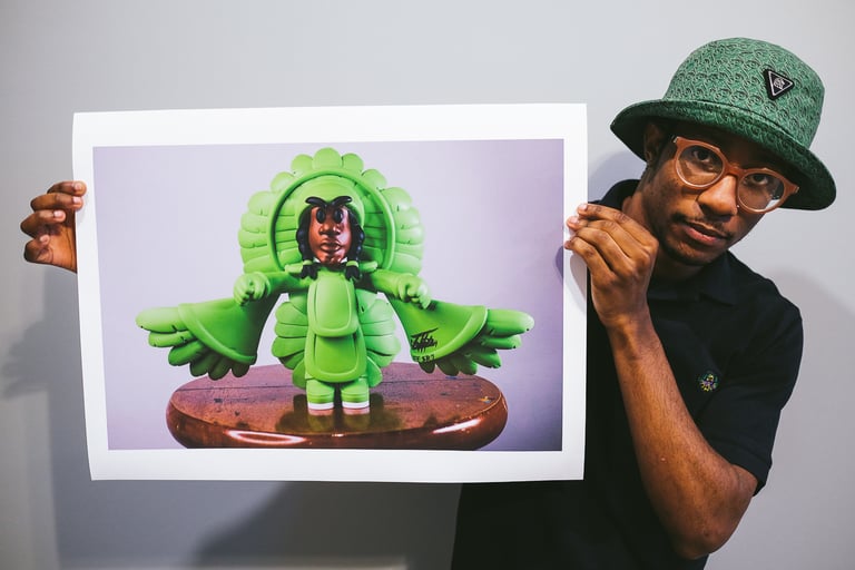 Spy Boy in lime suit with Compton, owner of Space Broccoli