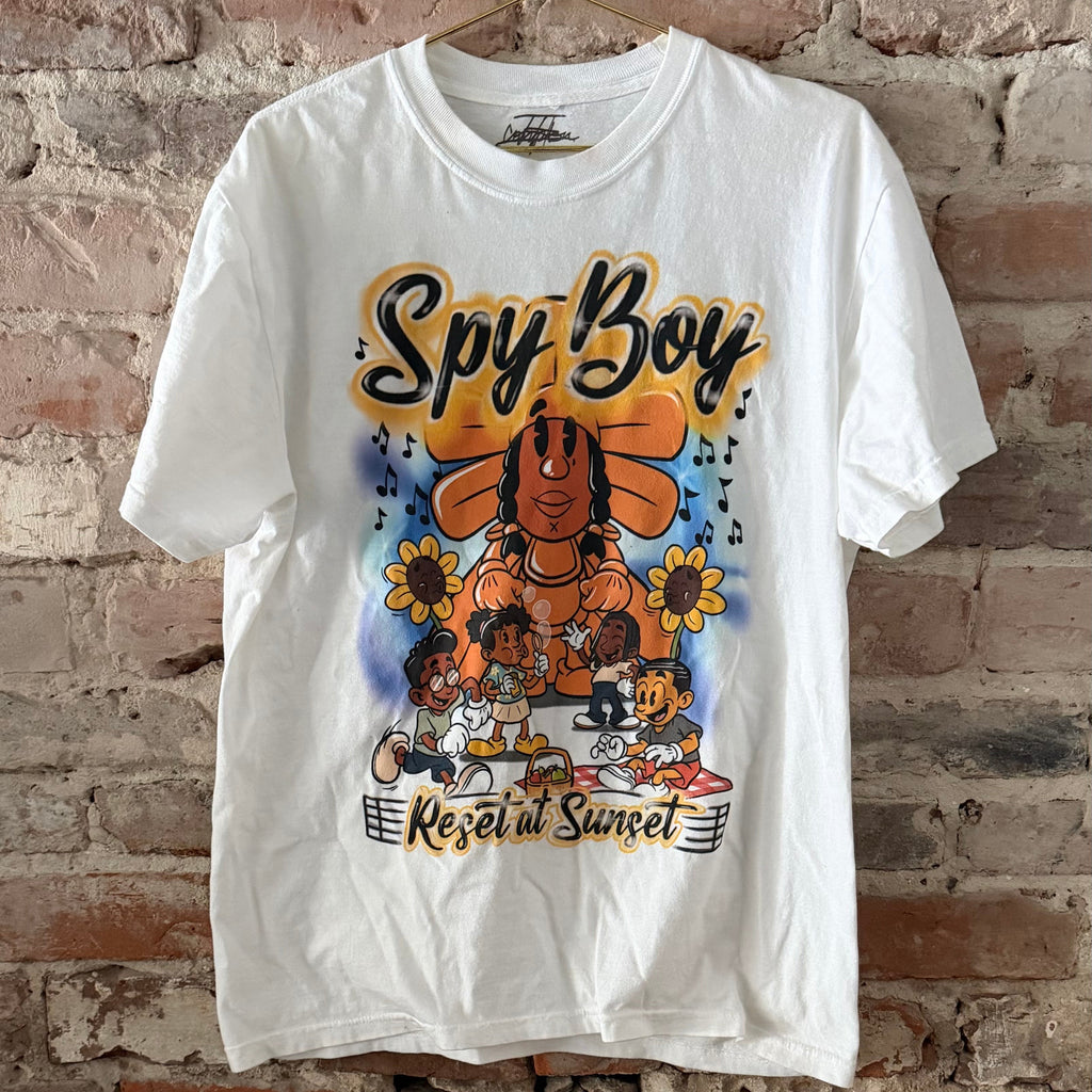 White SPY BOY t-shirt with orange design featuring Tunes by COMPTON III