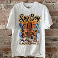 White SPY BOY t-shirt with orange design featuring Tunes by COMPTON III