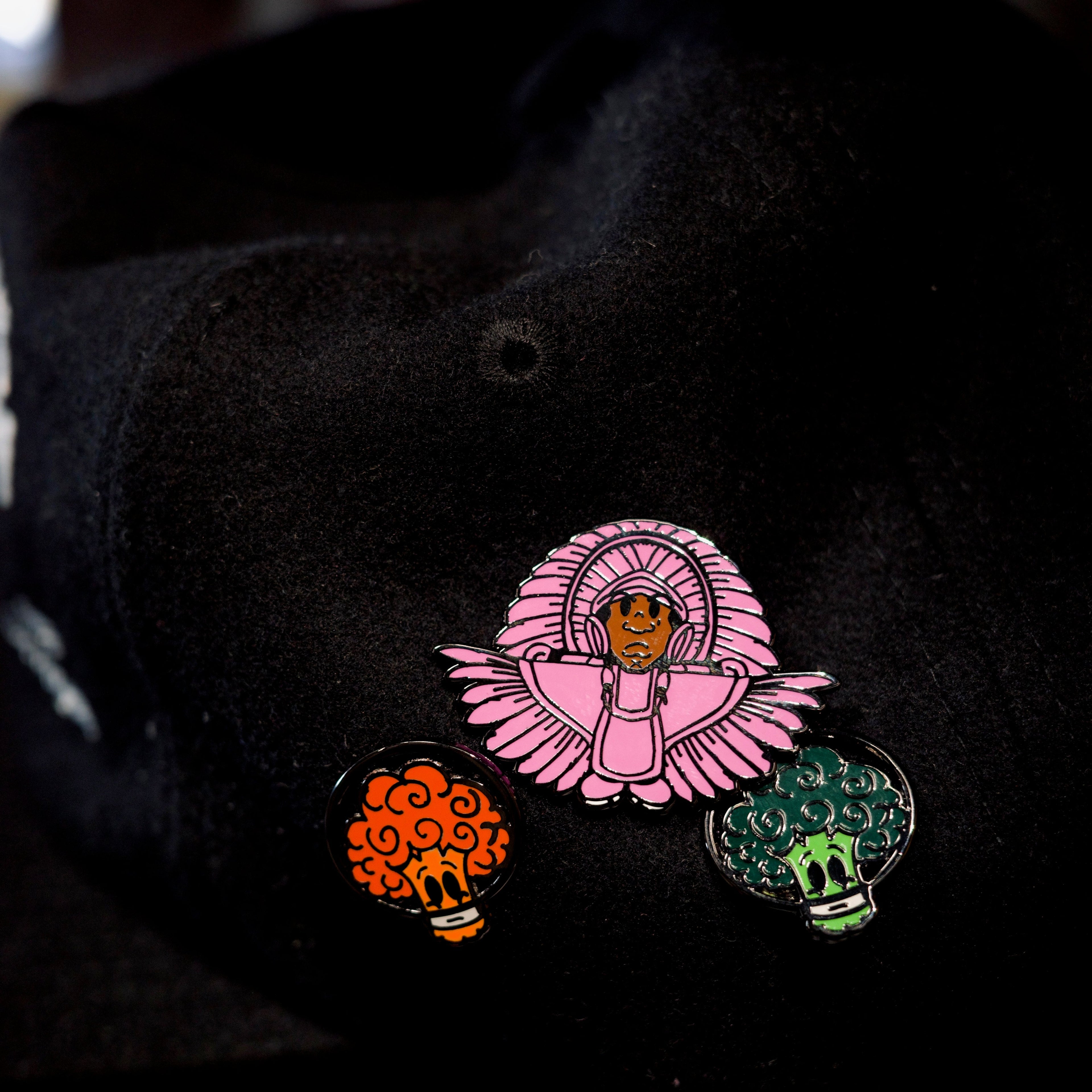 Diet Starts Monday black cap with embroidered logo and SPY BOY and space broccoli pins