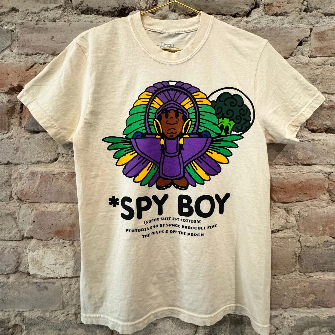 Spy boy creme shirt with mardi gras super suit