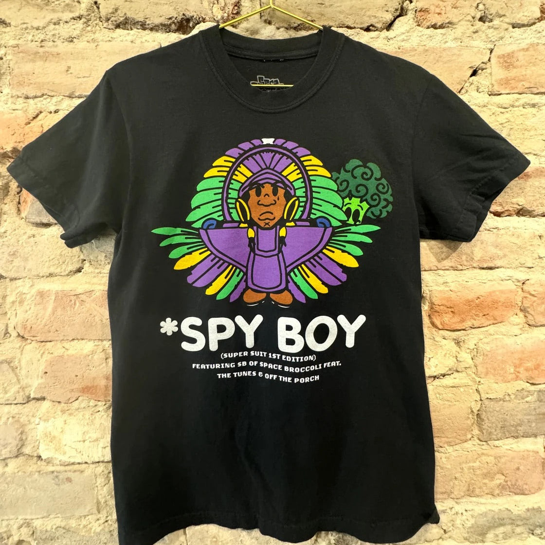 Spy boy black shirt with mardi gras super suit